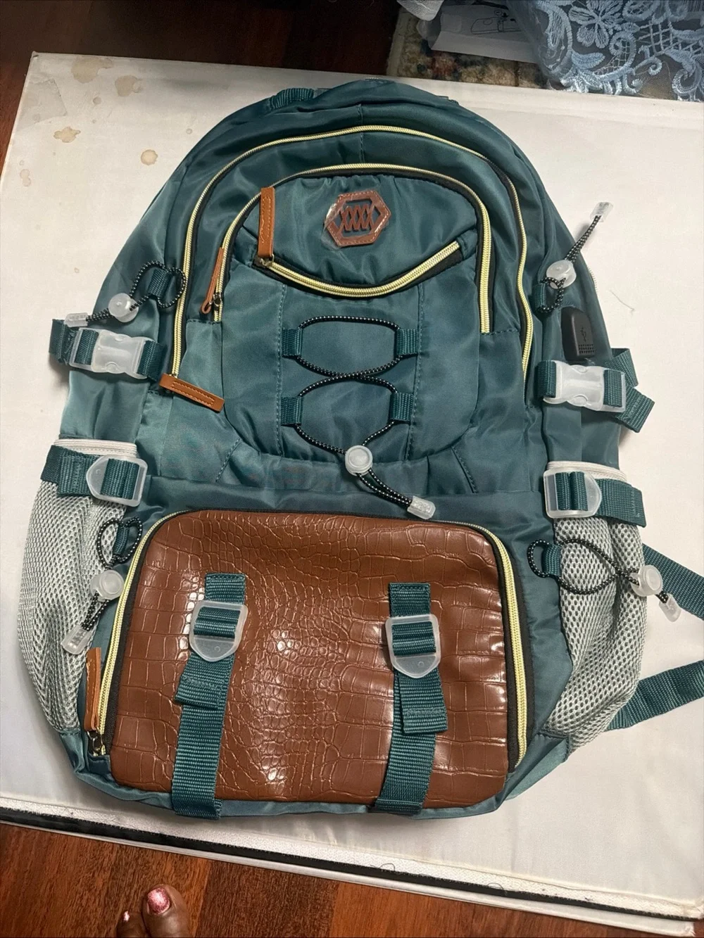 Men's Teal Backpack with Brown Accent and Multiple Compartments